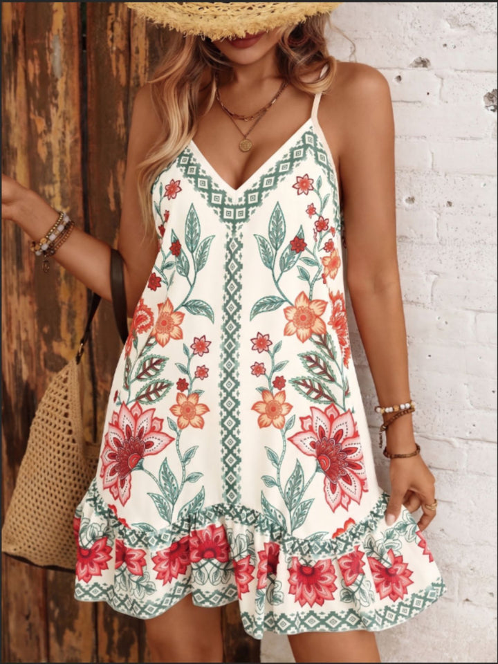 Boho Floral Geometric Trim Spaghetti Strap Ruffle Hem Mini Sundress