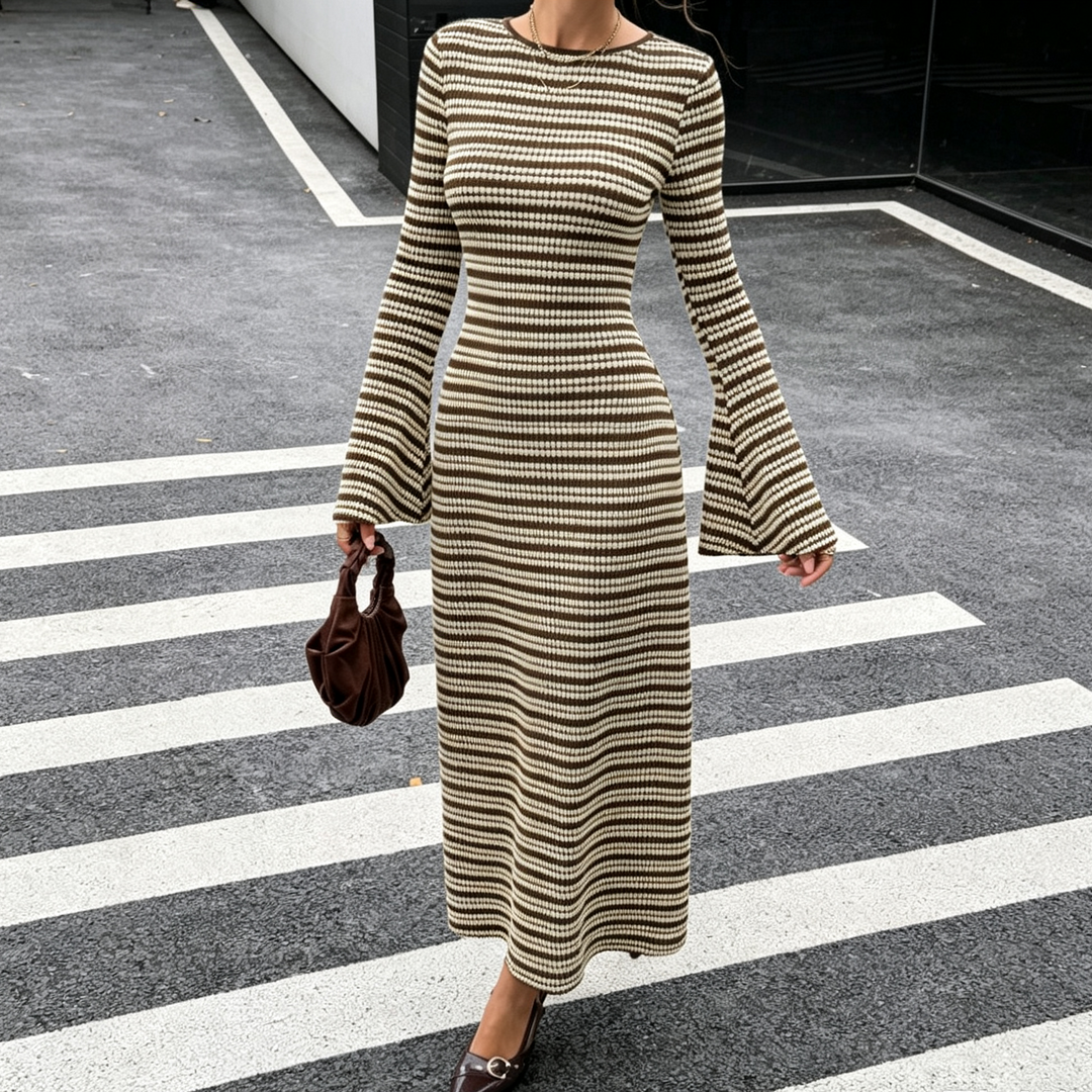 Back Tie Striped Knit Flare Sleeve Midi Dress