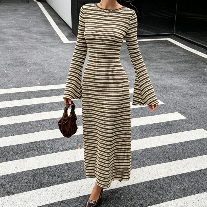 Back Tie Striped Knit Flare Sleeve Midi Dress