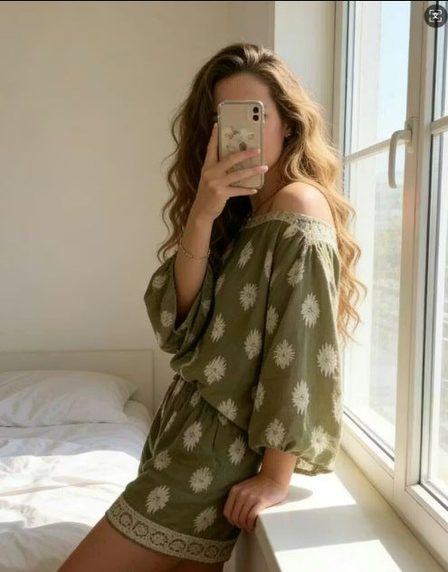 Off-Shoulder Embroidered Two-Piece Short Set | Boho Balloon Sleeve Summer Outfit