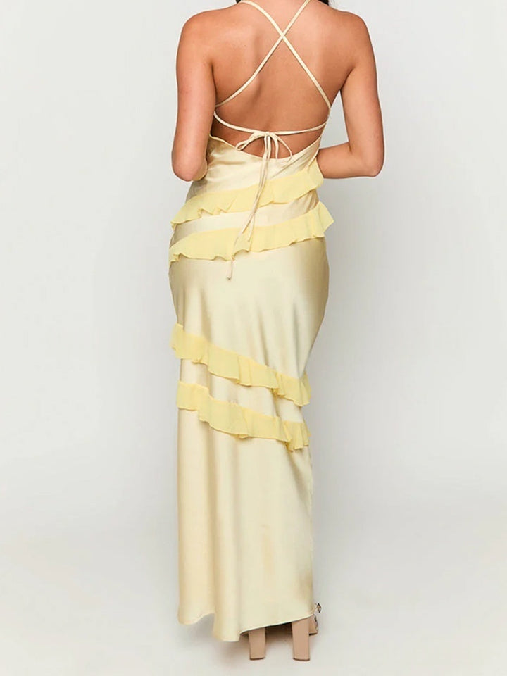 Satin Open Back Maxi Dress | Deep V Ruffle Asymmetrical Slip Evening Gown