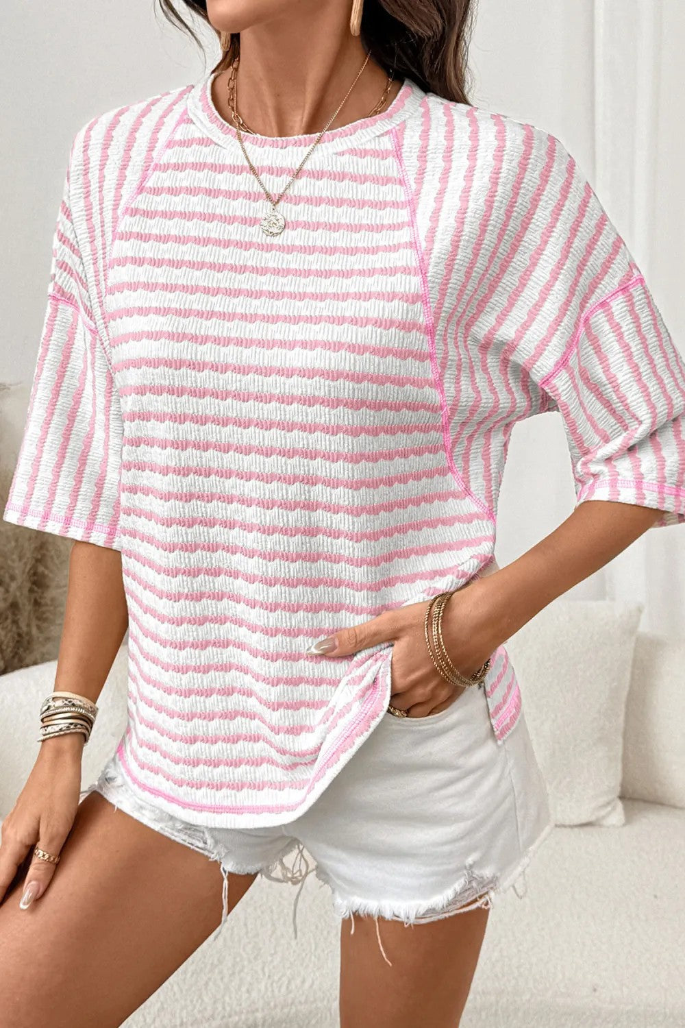 Pink Textured Striped Raglan Sleeve Casual Tee