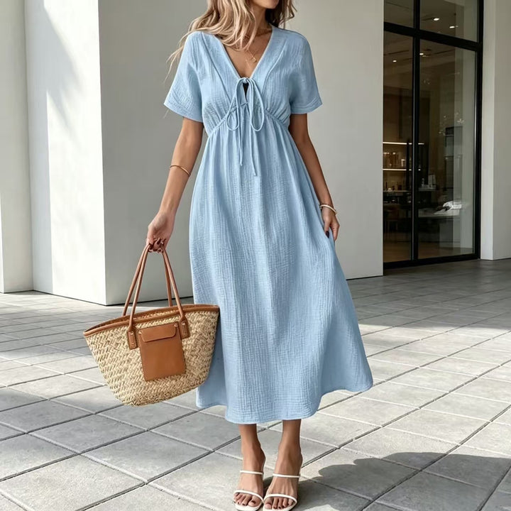 Crinkle Gauze V-Neck Midi Dress with Tie Detail, Short Sleeve Flowy Dress for Women