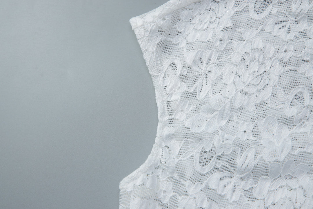 White Floral Lace Keyhole Cap-Sleeve Top