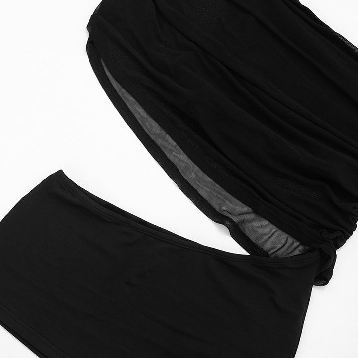 One Shoulder Sheer Mesh Ruched Cutout Bodycon Mini Dress | Black Asymmetrical Night Out Dress