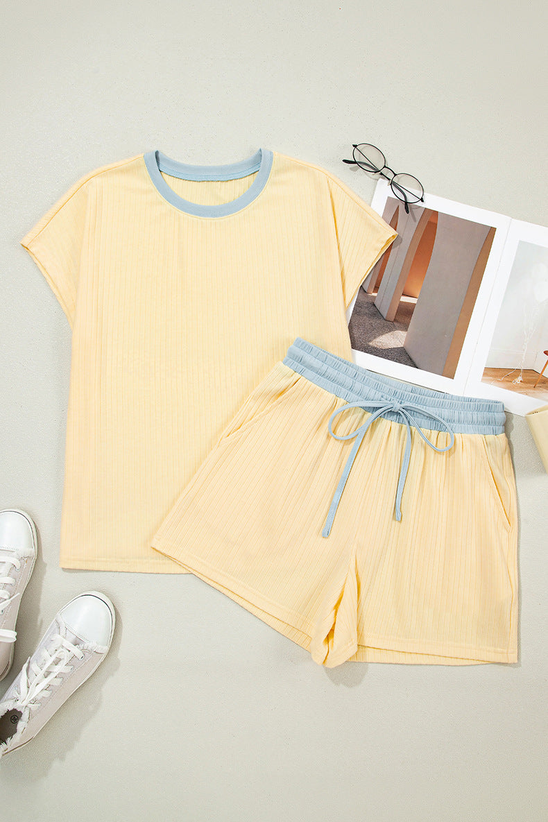 Contrast Trim Ribbed Knit Short Sleeve Top &amp;amp; Drawstring Shorts 2 Piece Loungewear Se