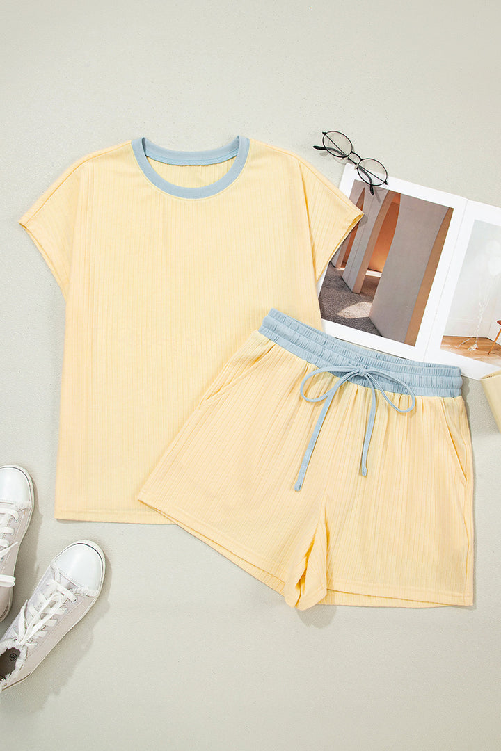 Contrast Trim Ribbed Knit Short Sleeve Top &amp;amp; Drawstring Shorts 2 Piece Loungewear Se