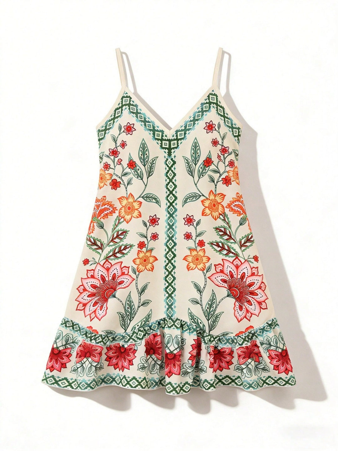 Boho Floral Geometric Trim Spaghetti Strap Ruffle Hem Mini Sundress