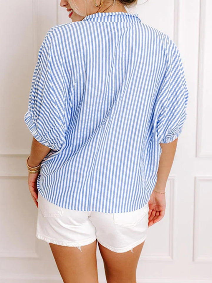 Blue &amp; White Striped Puff Sleeve Blouse with Colorblock V-Neck