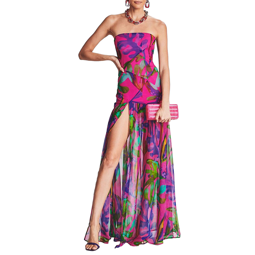 Women Tube Top Dress Tiger Stripe Mesh Patchwork Maxi Dress
