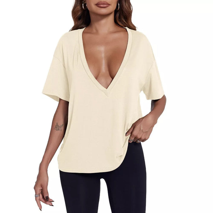 Dusty Pink Deep V-Neck Oversized Casual Tee