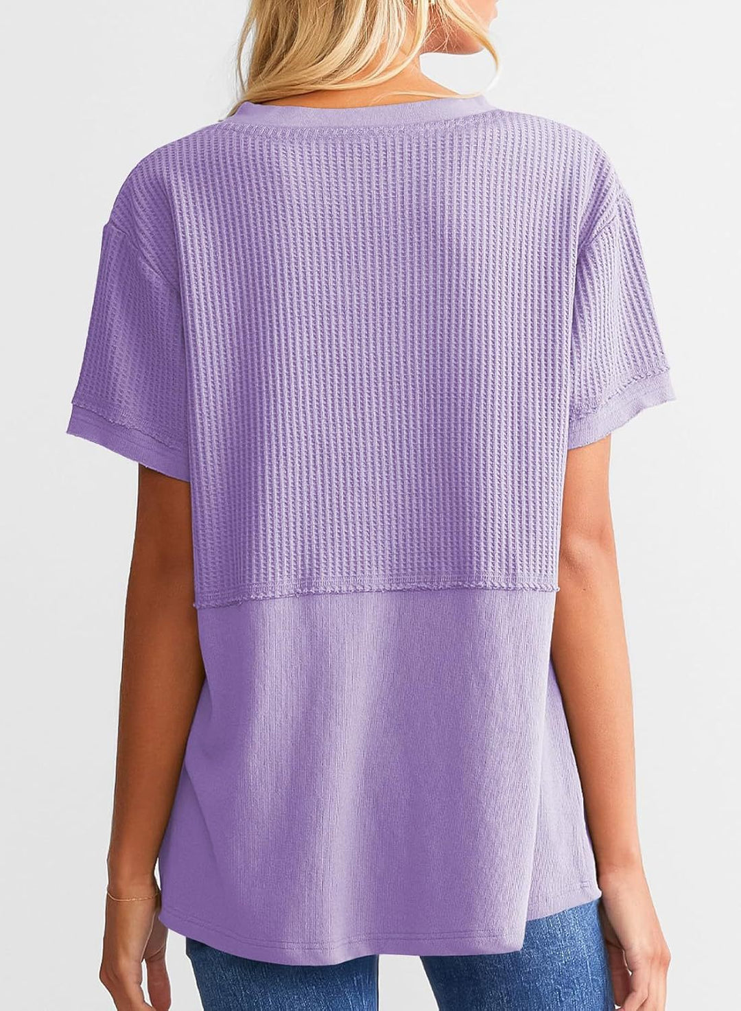 Waffle Knit Split-Neck Short Sleeve Top, Soft Textured Casual Tee