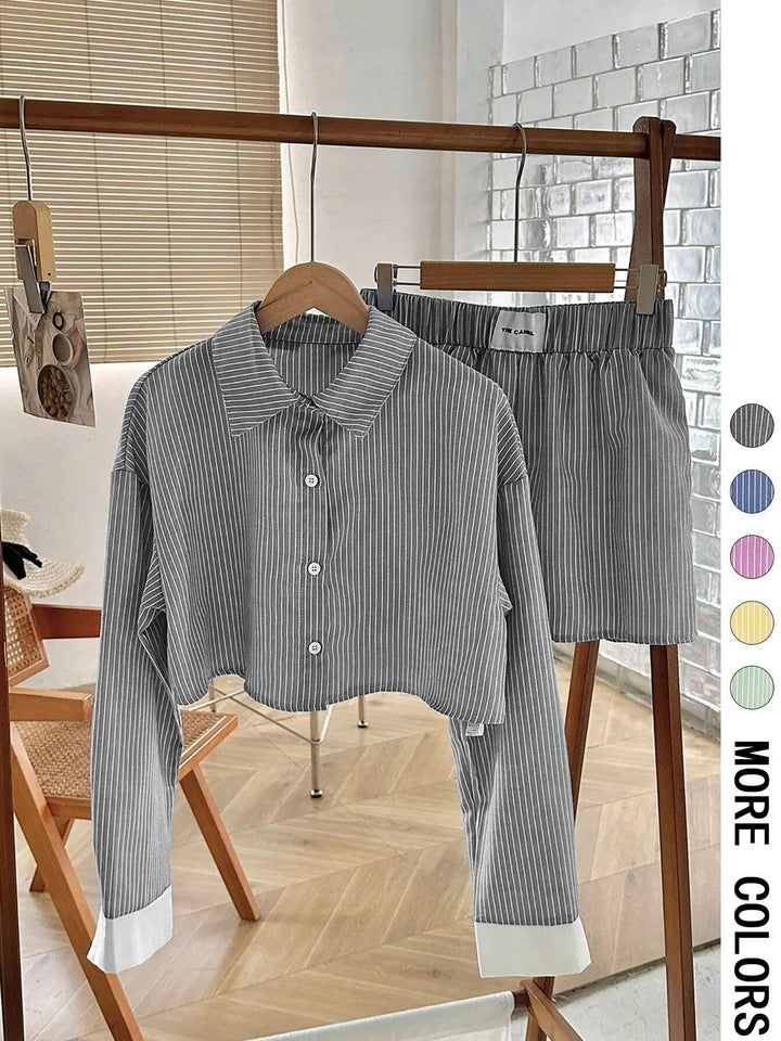 Striped Cropped Button-Down Shirt &amp;amp; Elastic Waist Shorts 2-Piece Set
