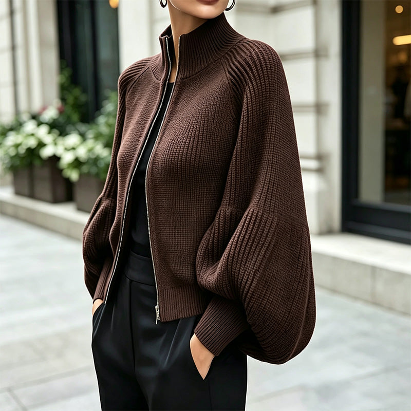 Cropped Zip-Up Knit Cardigan