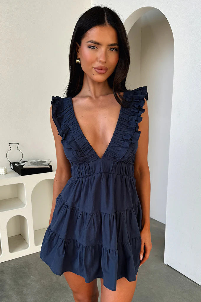 Floral Deep V Open Back Mini Dress | Ruffle Tiered Babydoll Summer Sundress