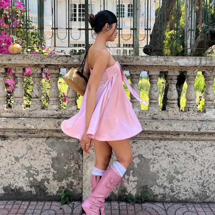 Multi-Color Strapless Satin Bow Mini Dress