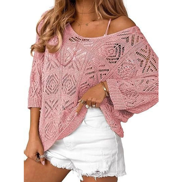 Openwork three-quarter sleeve knitted cover-up