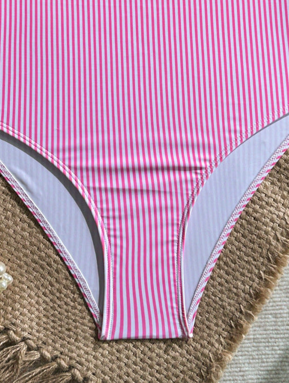 Striped Ruffle Trim Tie-Strap One-Piece Swimsuit