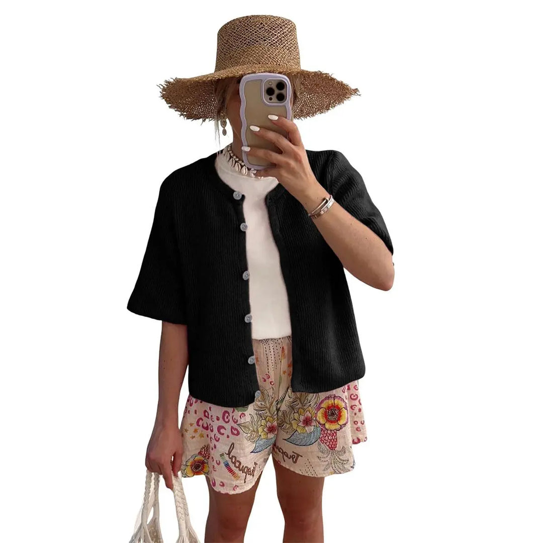 Short-Sleeve Knit Cardigan, Button-Up Relaxed Fit Top