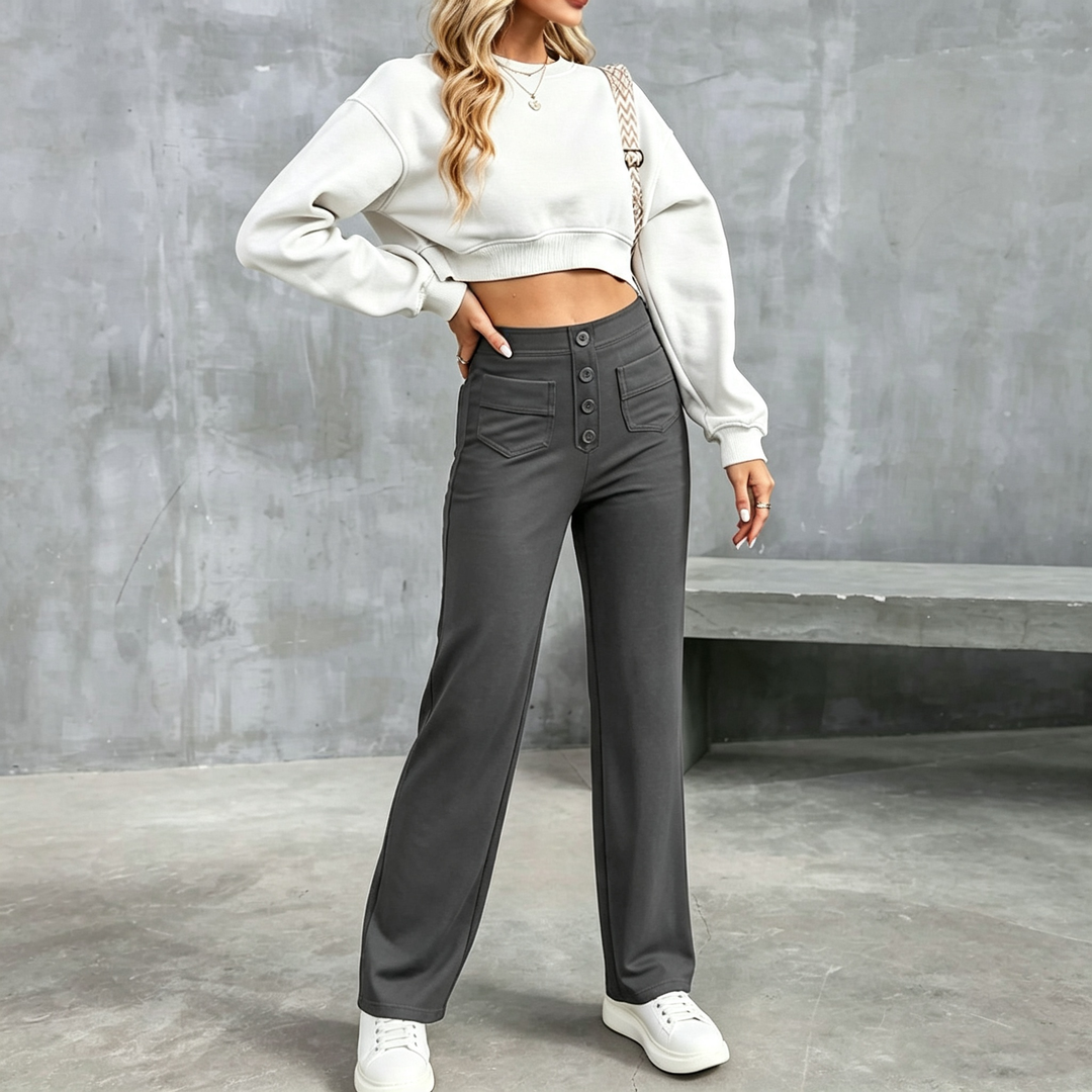 Solid color high-waisted straight leg pants