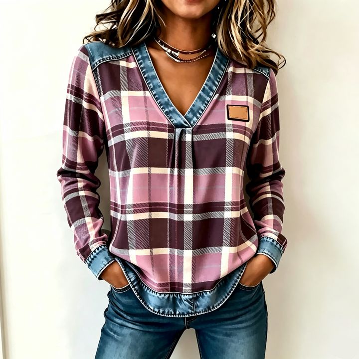 Denim Trim Plaid Print V Neck Top