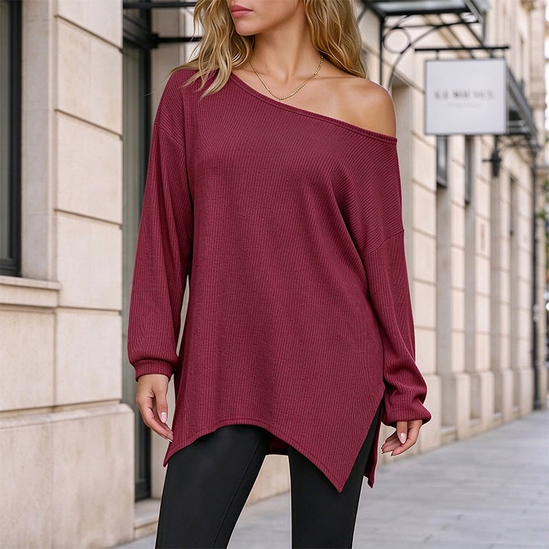 Off-the-shoulder waffle asymmetrical knit top