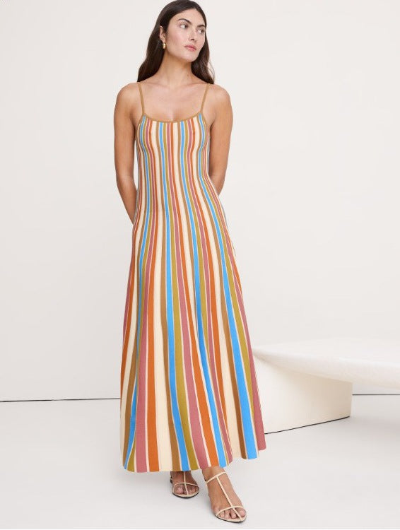 Multicolor Striped Ribbed Knit Maxi Slip Dress