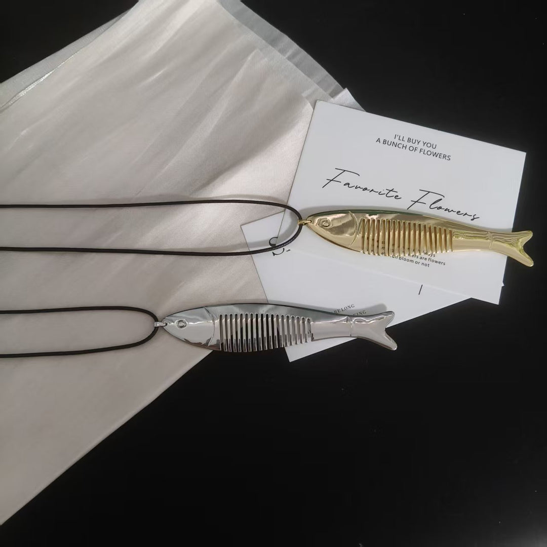 gold-plated Fish Comb Pendant Necklace, Adjustable Long Black Cord Necklace