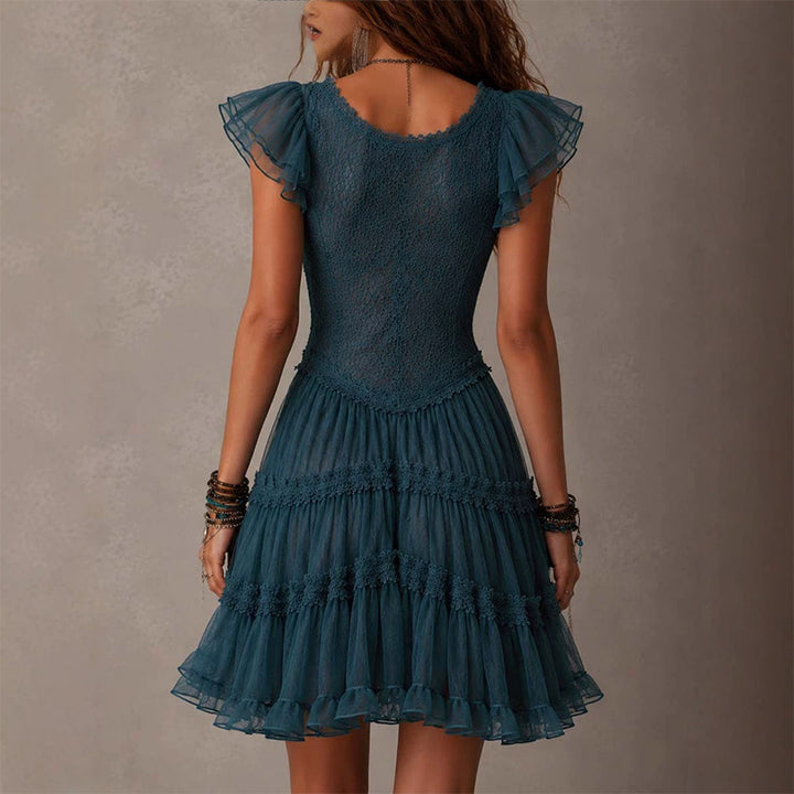 Lace Flutter Sleeve Tiered Mesh Cake Mini Dress