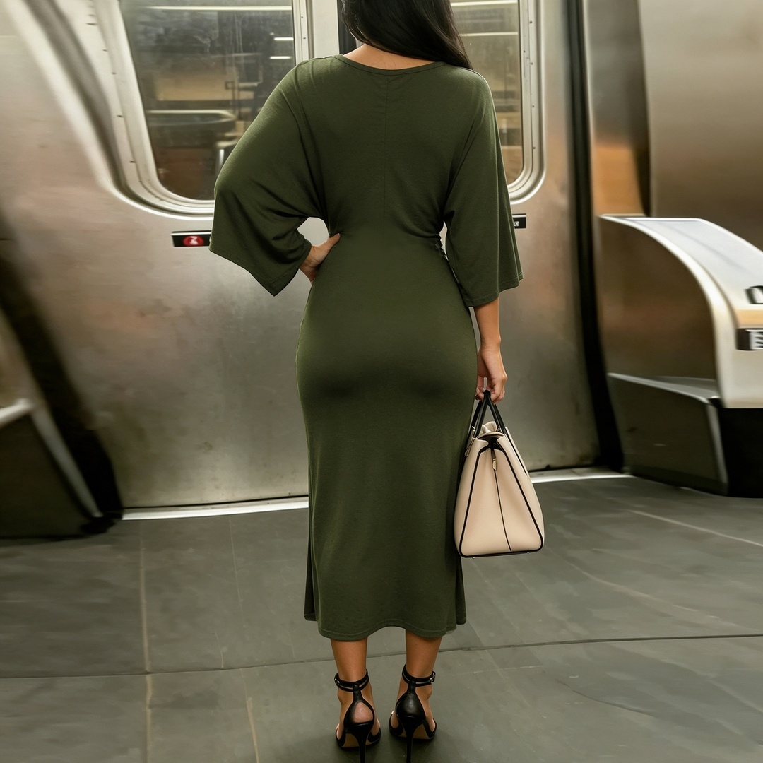 V-neck flared-sleeve fitted midi dress