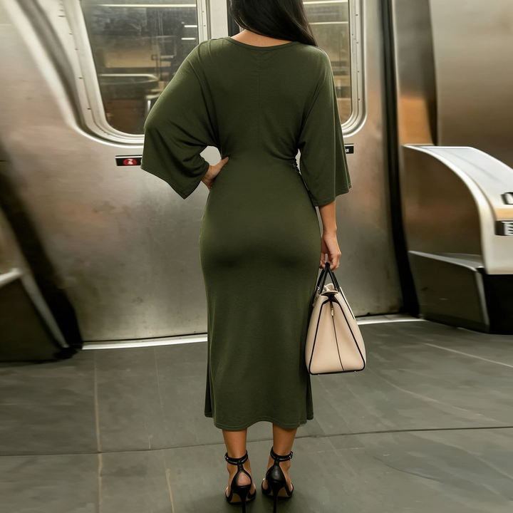 V-neck flared-sleeve fitted midi dress