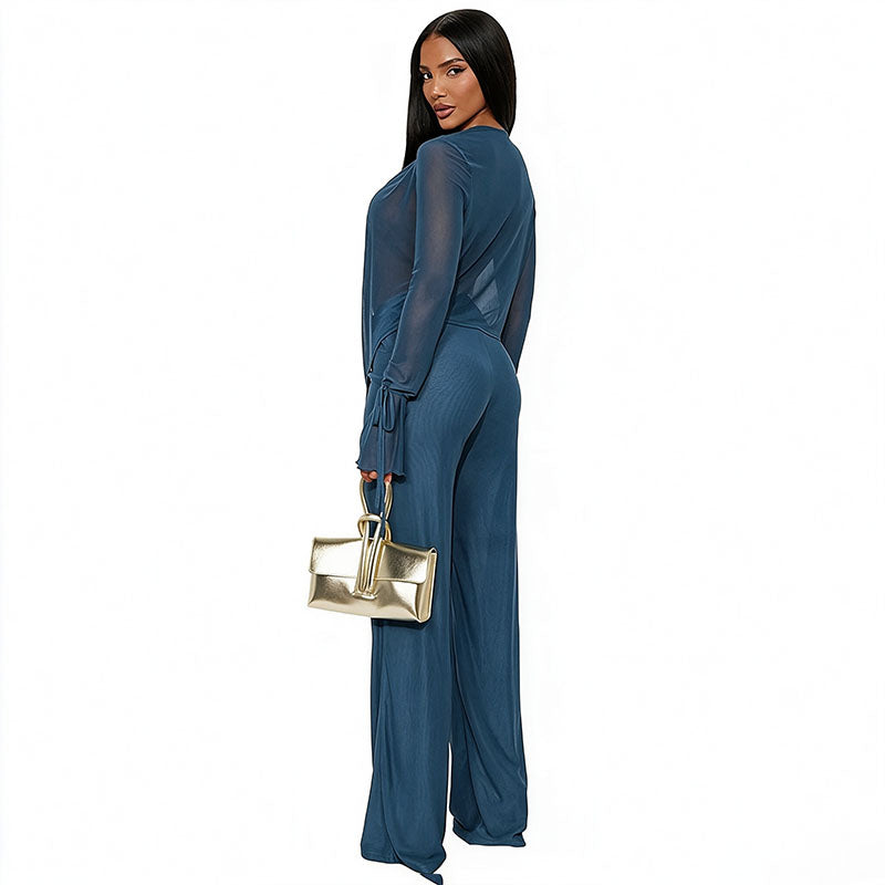 Lace-up Mesh Long-Sleeved Top and Pants Set