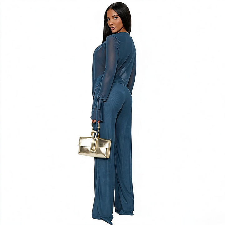 Lace-up Mesh Long-Sleeved Top and Pants Set