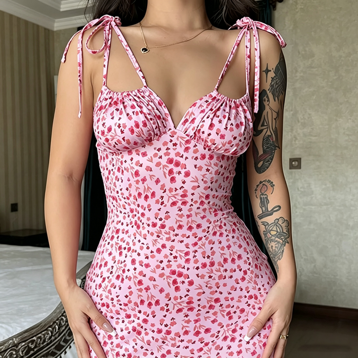 Floral Tie‑Strap Mermaid Maxi Dress