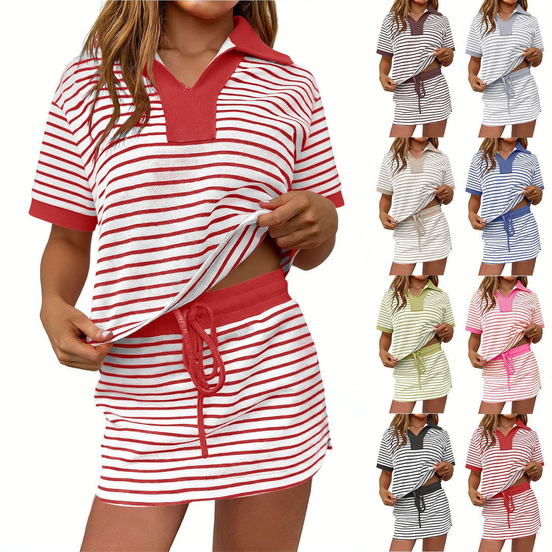 Black &amp;amp; White Striped Polo Two-Piece Short Set
