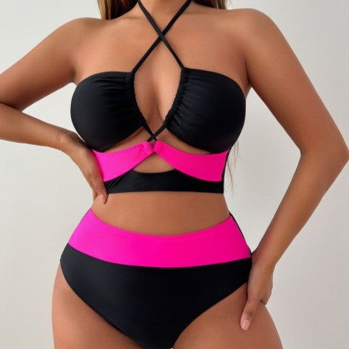 Black &amp;amp; Hot Pink Color-Block Cutout Bikini Set