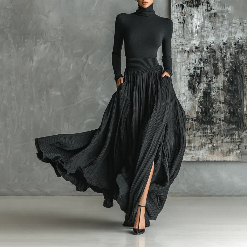 Turtleneck Top &amp; Pleated Maxi Skirt Set