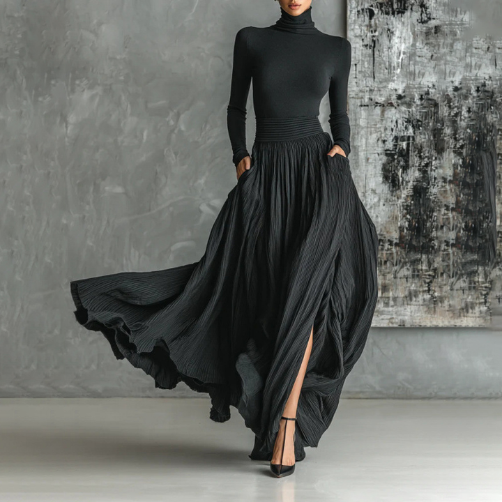 Turtleneck Top &amp; Pleated Maxi Skirt Set