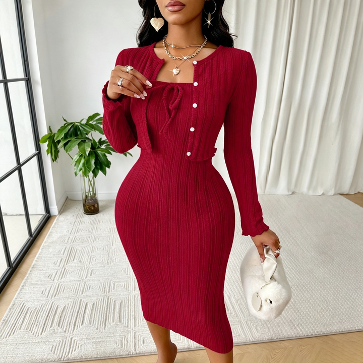 Ribbed textured elegant strapless dress set
