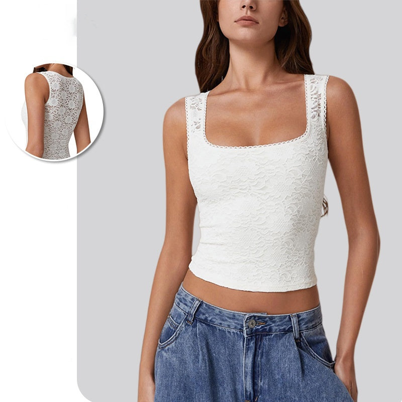 Lace Square Neck Cropped Tank Top