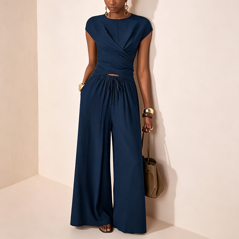 Asymmetrical top and high-waisted wide-leg trousers set