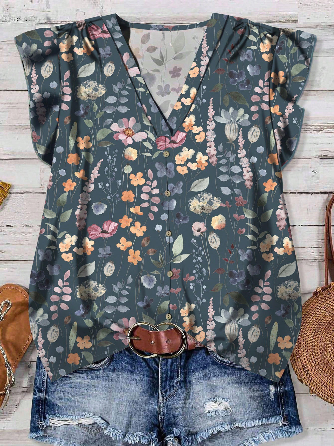 Watercolor Floral Print V-Neck Ruffle Sleeve Blouse
