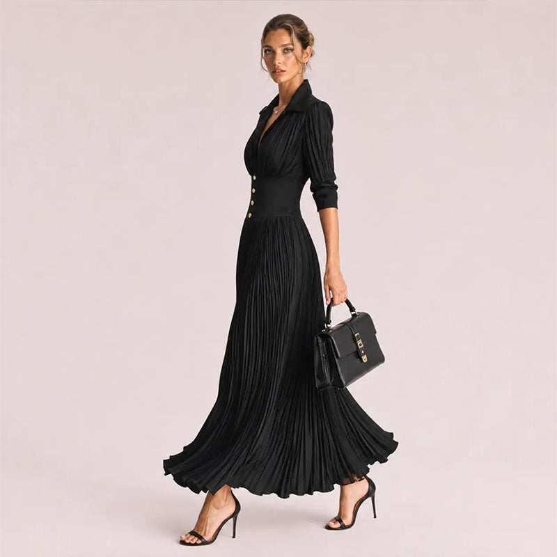 A-line pleated long-sleeve dress
