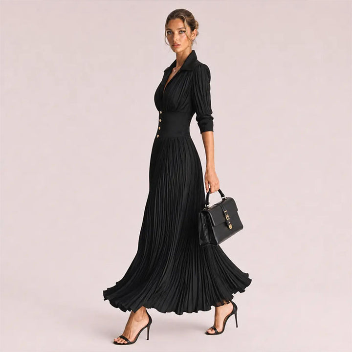 A-line pleated long-sleeve dress