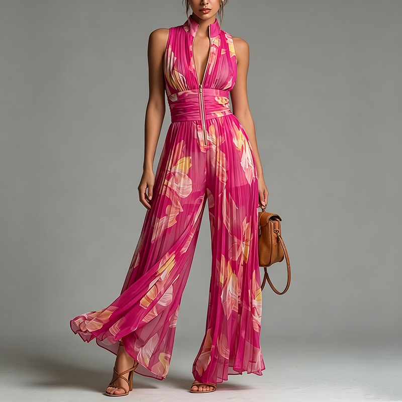 Sexy Zip Front Chiffon Pleated Wide Leg Jumpsuit