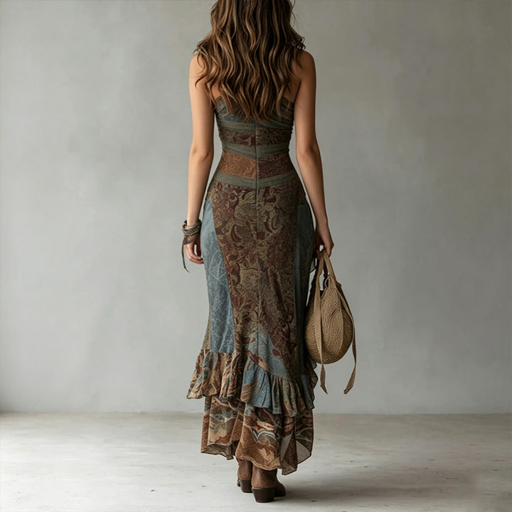One Shoulder Boho Ruffle Maxi Dress