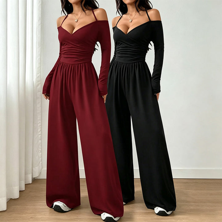 V-neck off-shoulder wide-leg jumpsuit