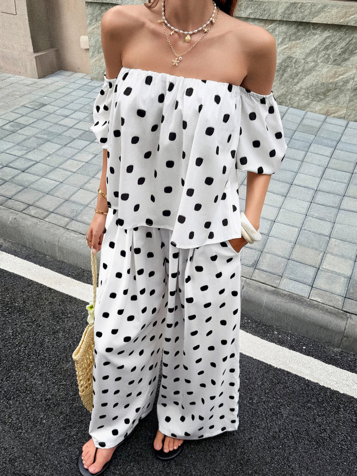 White Polka Dot Off-Shoulder Two-Piece Set