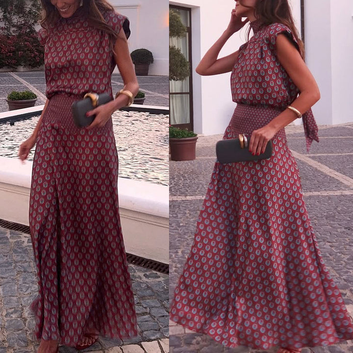 Retro Print Scarf Neck Top &amp;amp; Flowing Maxi Skirt Two-Piece Set