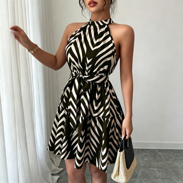 Halter Neck Tie Waist Swing Mini Dress